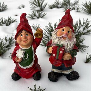 Christmas Gnomes Figurines Santa Claus Mrs. Claus Carved Resin 9" Set of 2